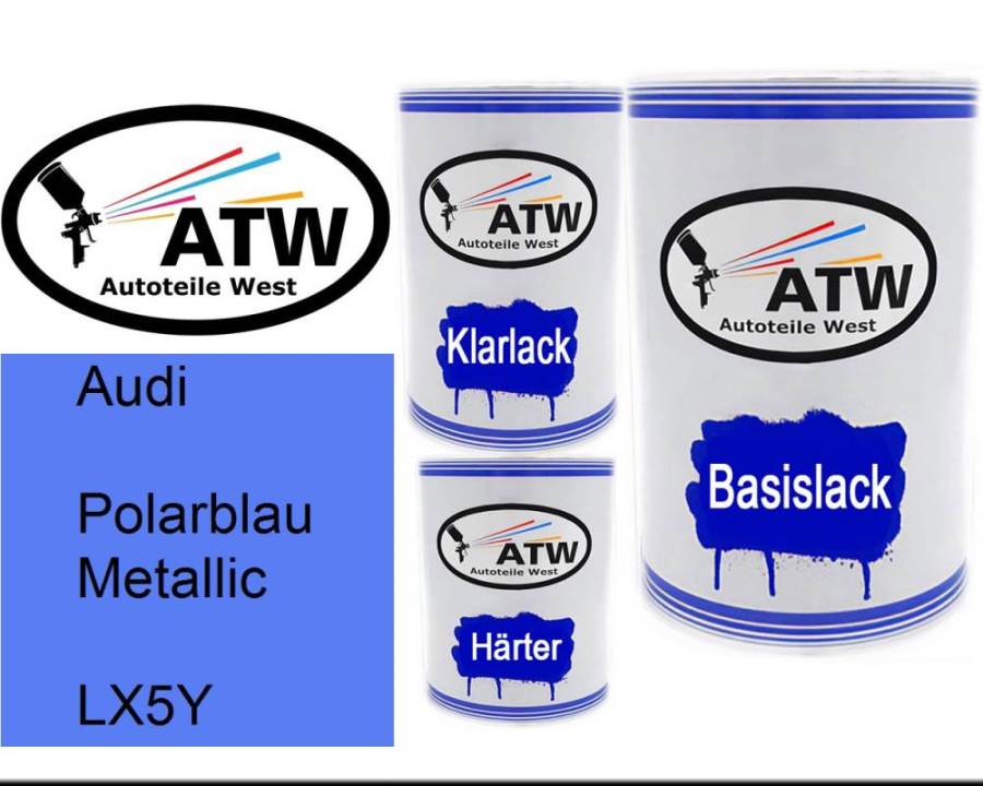 Audi, Polarblau Metallic, LX5Y: 500ml Lackdose + 500ml Klarlack + 250ml Härter - Set, von ATW Autoteile West.